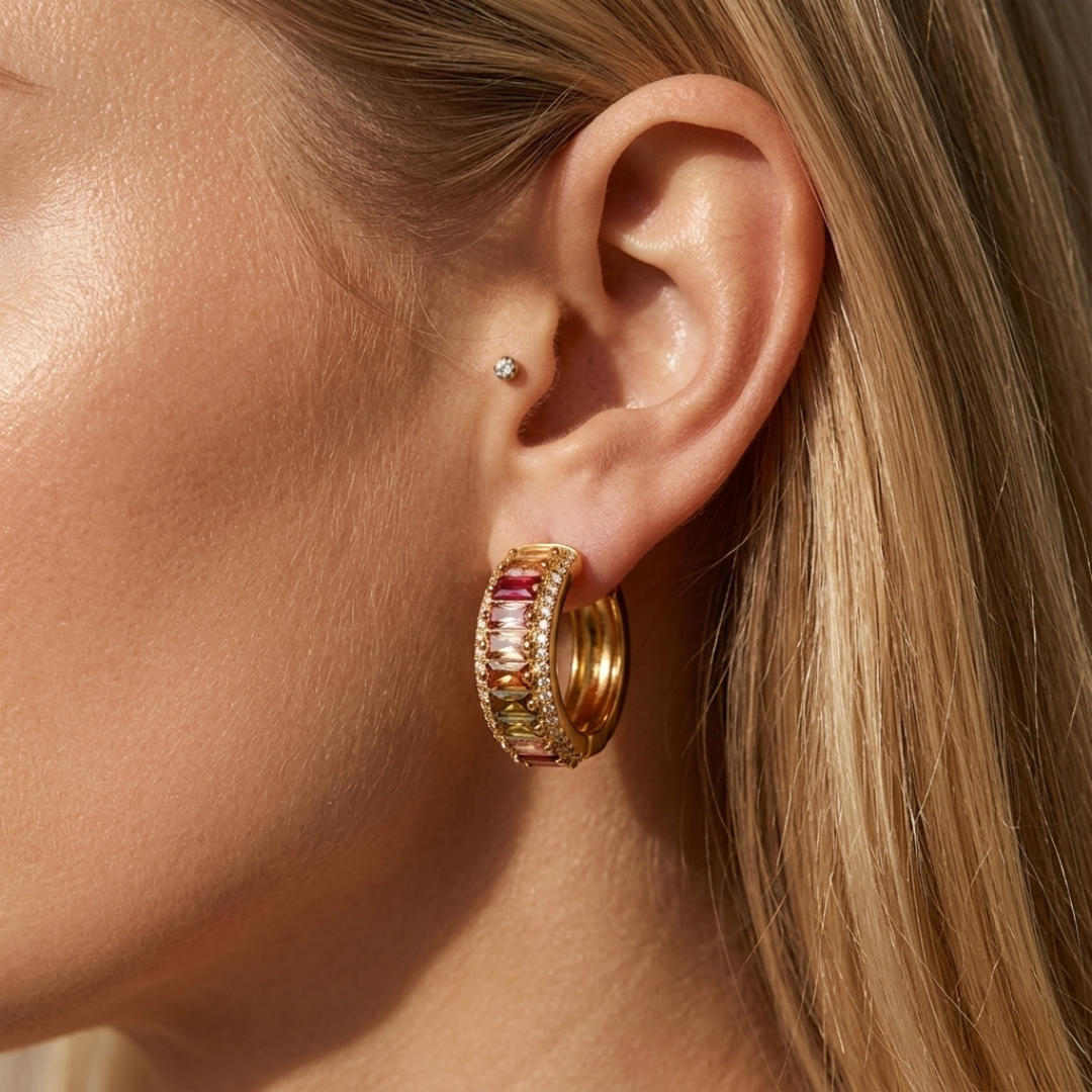 18K Gold Hoop Earrings with Stones