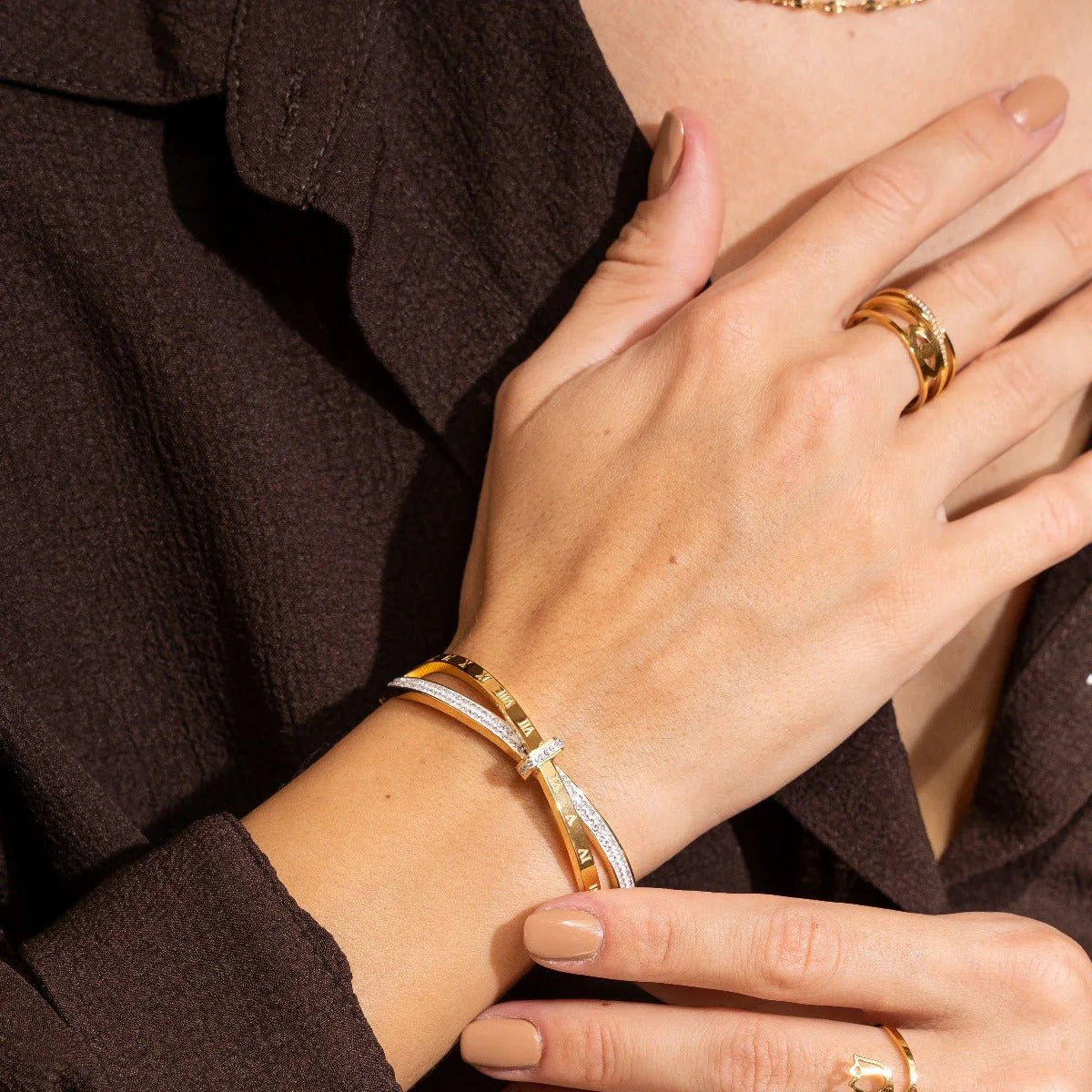 Roman Numeral CZ Bangle Bracelet — 18K Gold Plated