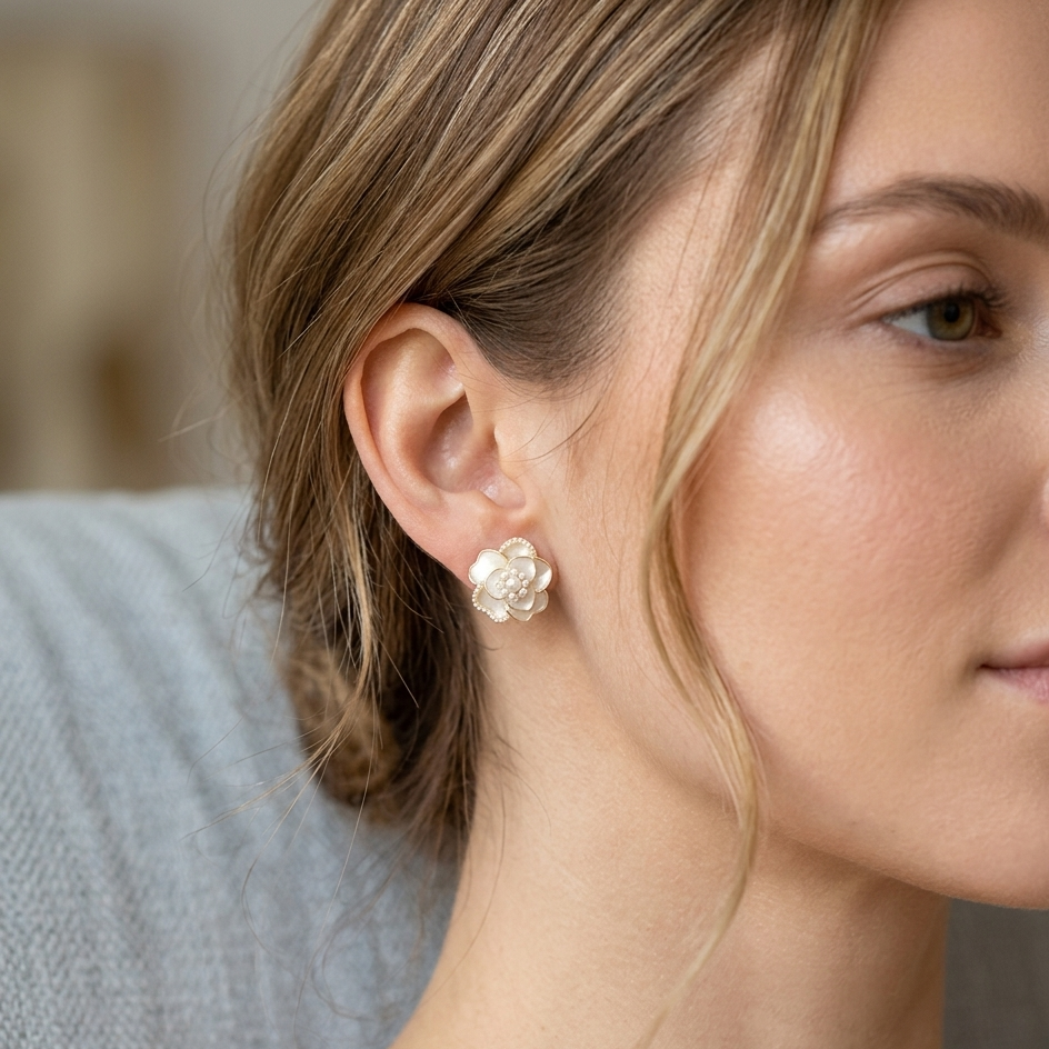 White Floral Earrings with Pearls