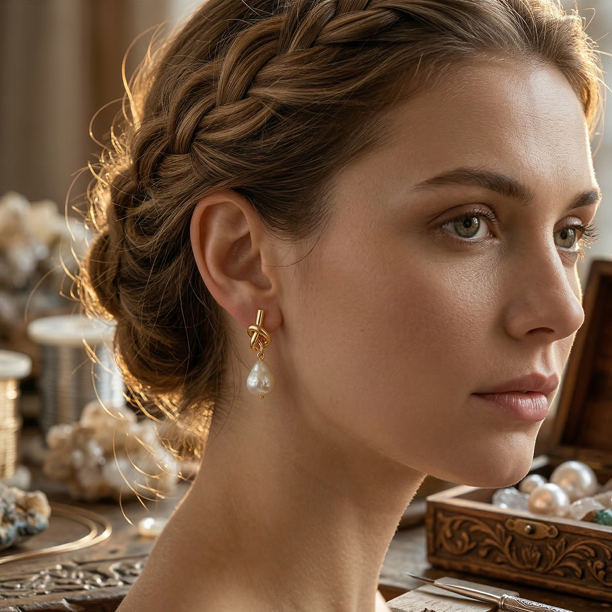 Interlaced Gold Earrings with Pearl