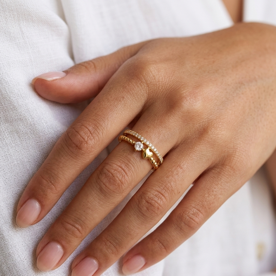 Adjustable Heart Ring Set with Zirconia