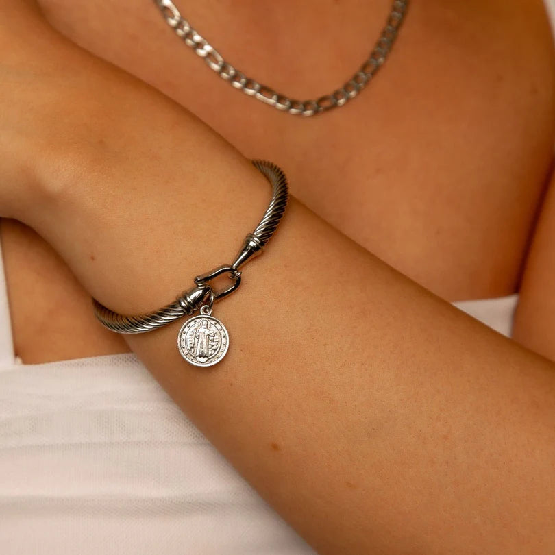 St. Benedict Charm Bangle Bracelet — Silver