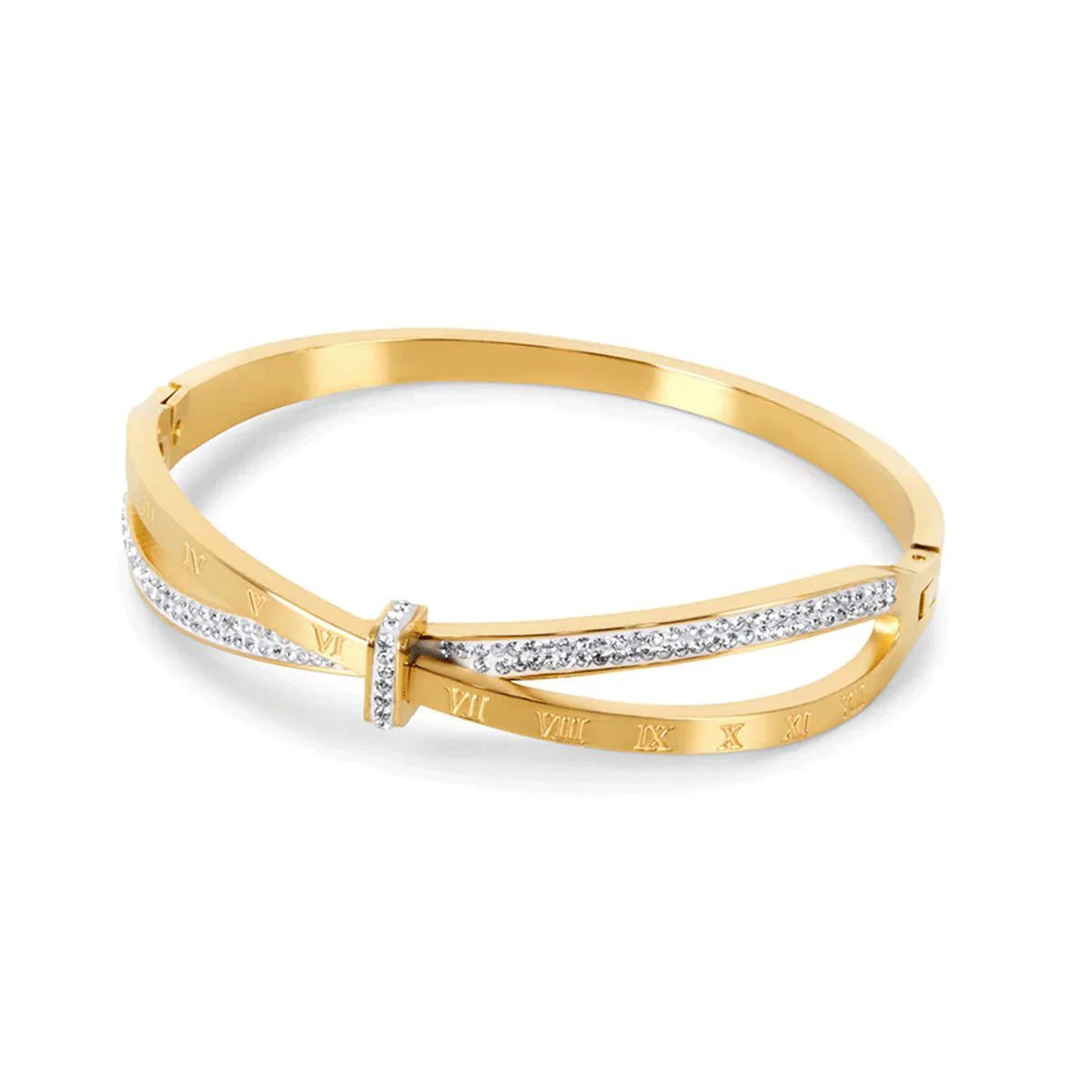 Roman Numeral CZ Bangle Bracelet — 18K Gold Plated
