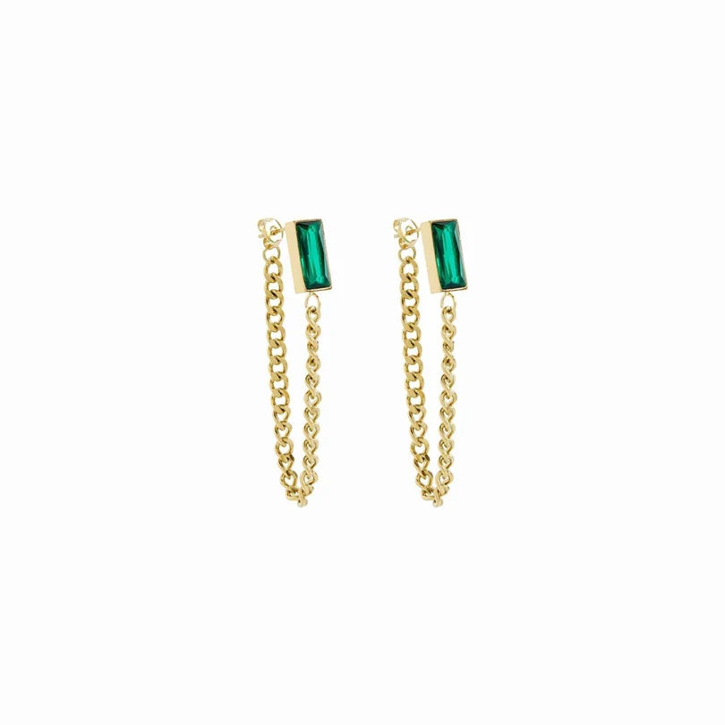 Elisabeth Chain Earrings — Emerald CZ — 18K Gold Plated